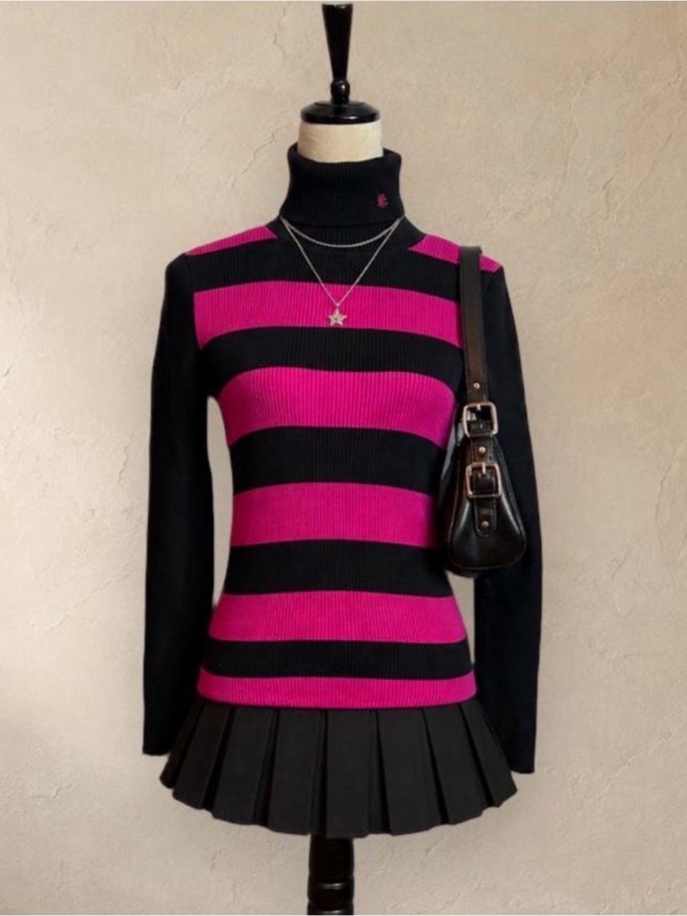 Lauren Ralph Lauren Black and Fuchsia Striped Turtleneck Sweater